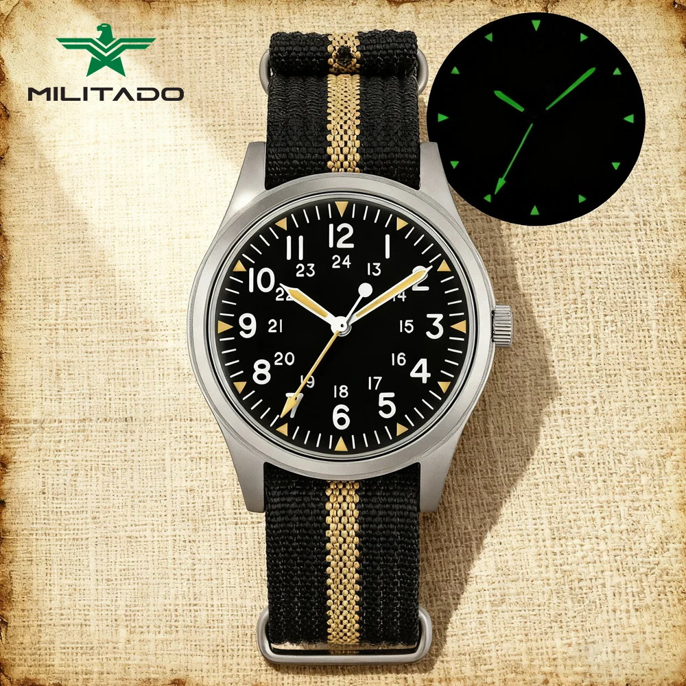 Militado ML07 خمر ساعات كوارتز ميوتا سوبر 2035 حركة الياقوت أو K1 مضيئة 36 مللي متر مقاوم للماء المجال الساعات رجل الهدايا