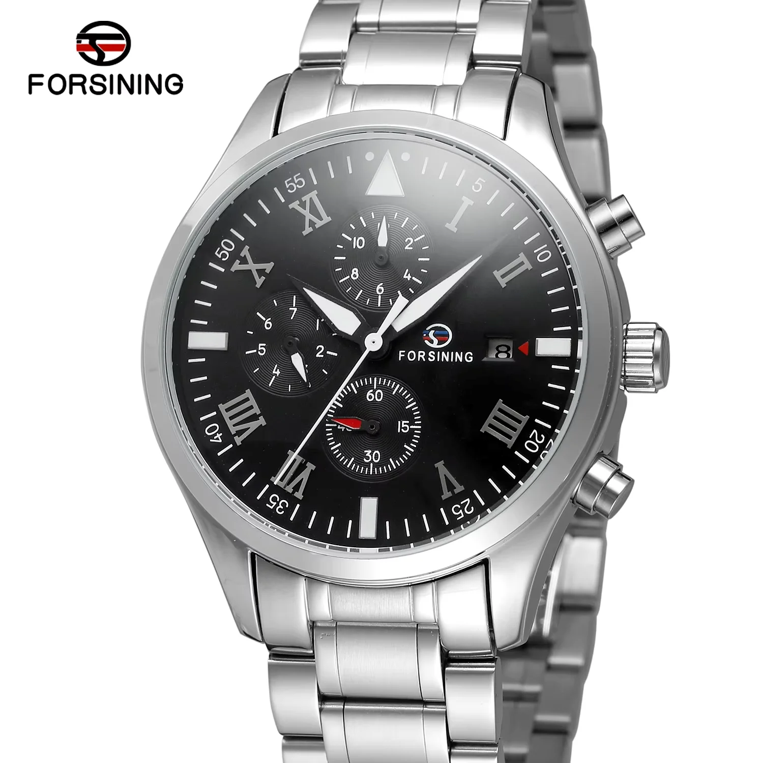 FORSINING Three Eyes six hands Mechanical Watch Round Black and silver steel Strap Men's Mechanical watch