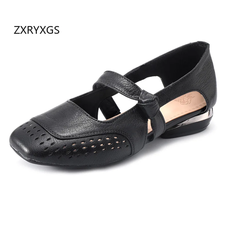 

ZXRYXGS 2026 Летние женские сандалии с квадратным носком и вырезами из натуральной кожи, дышащие, элегантные, на низком каблуке, больших размеров, модные сандалии