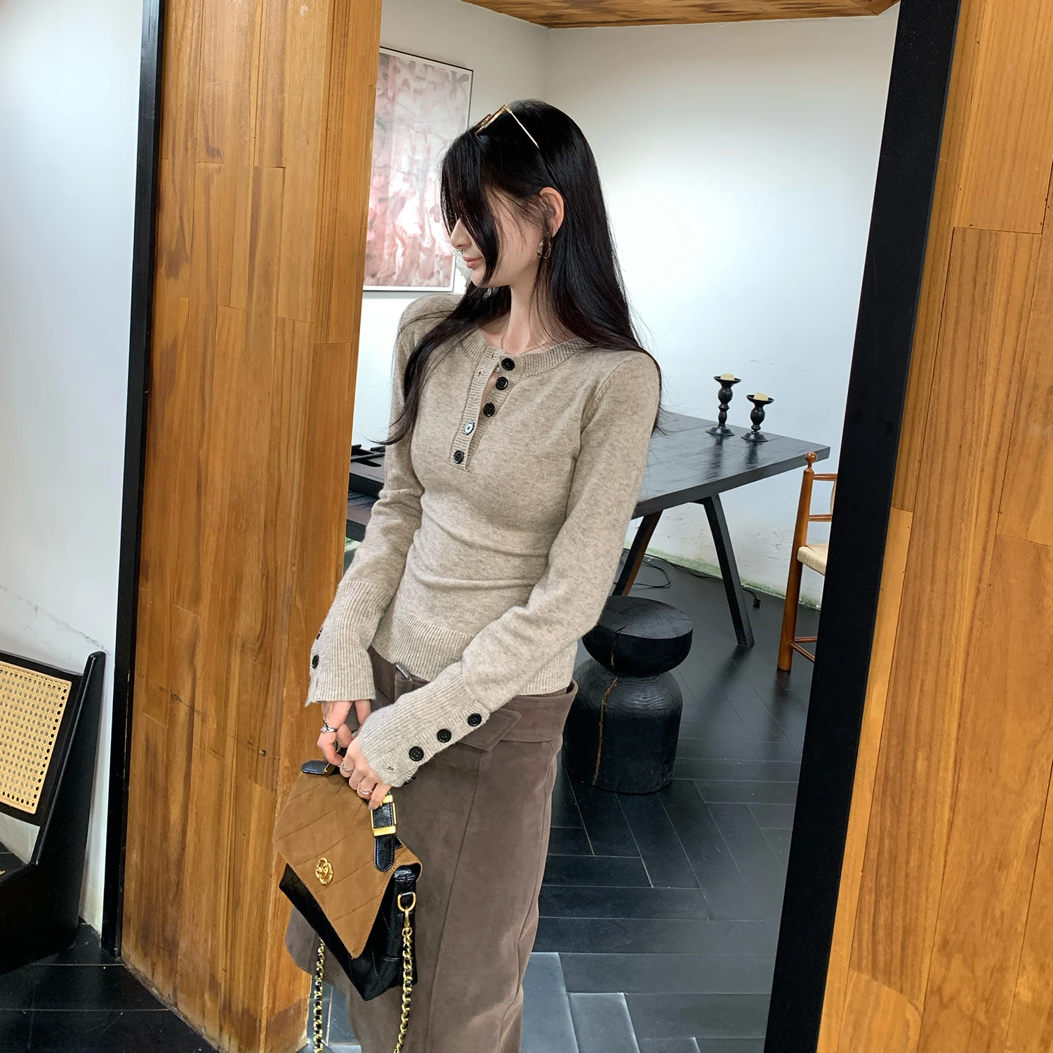 Sli f-Unbuttoned Base de punto irt Ropa interior adelgazante de otoño invierno para mujer Top suave francés Sle Long Sve redondo...