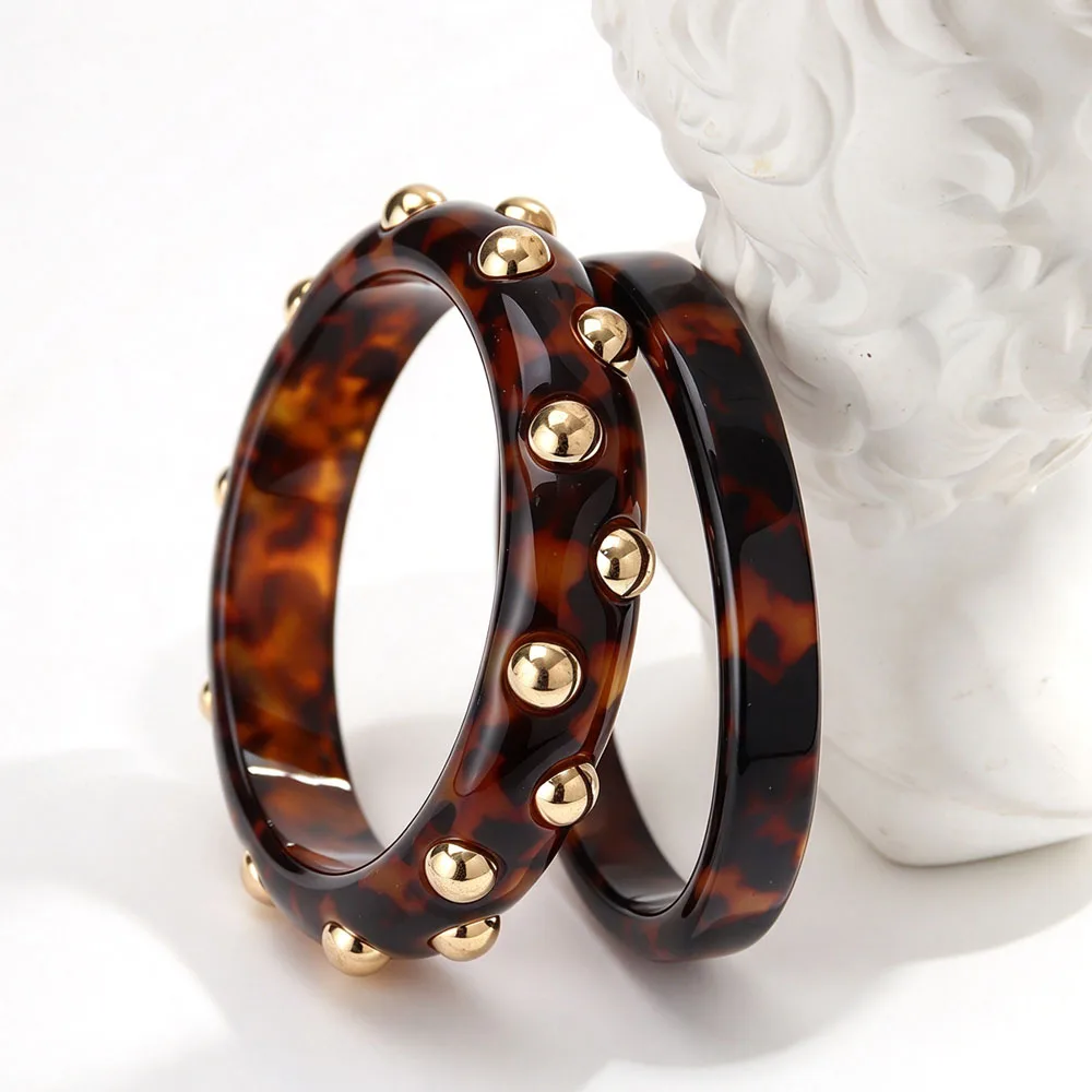 2Pcs/Set Vintage Leopard Chunky Round Resin Bangles Inlaid Golden Beads Geometric Cuff Bangle Bracelets Retro Jewelry Gifts