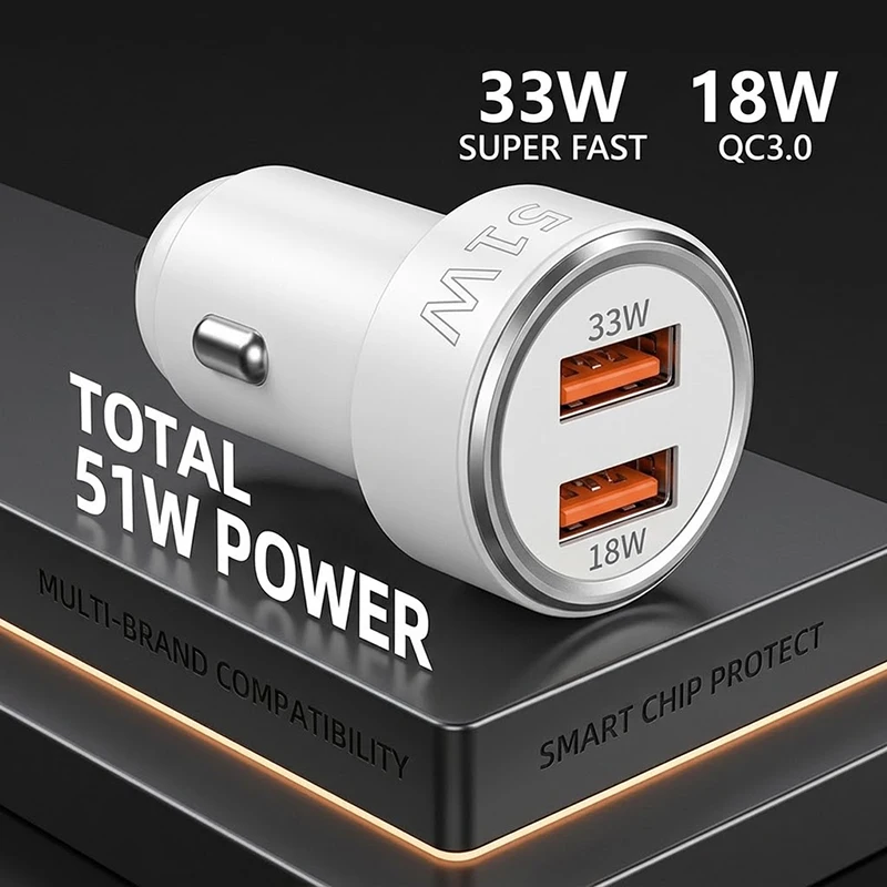 Dual USB Car Charger 51W QC 3.0 Fast Charging Adapter Dual Port Auto Cigarette Lighter Power Supply For iPhone 17 16 For Samsung