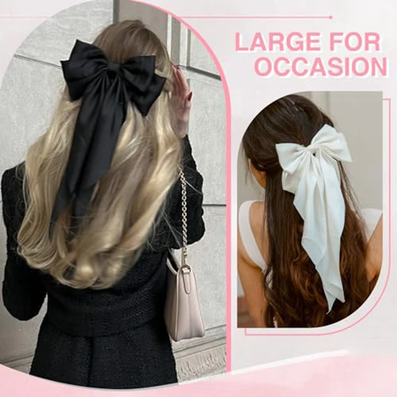 6 Pcs Hair Bows For Women, 4 Small + 2 Large Size Hair Ribbon With Long Tail Bowknot Hair Clips