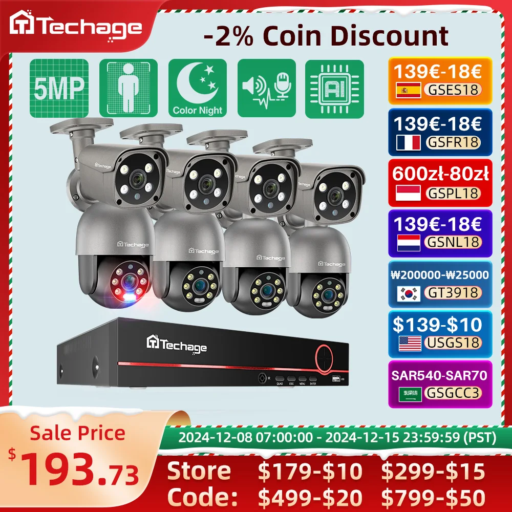 Techage H.265 8CH 5MP POE Camera System Face Detection Full Color Night Bullet & PTZ Outdoor Video Security Surveillance Set P2P