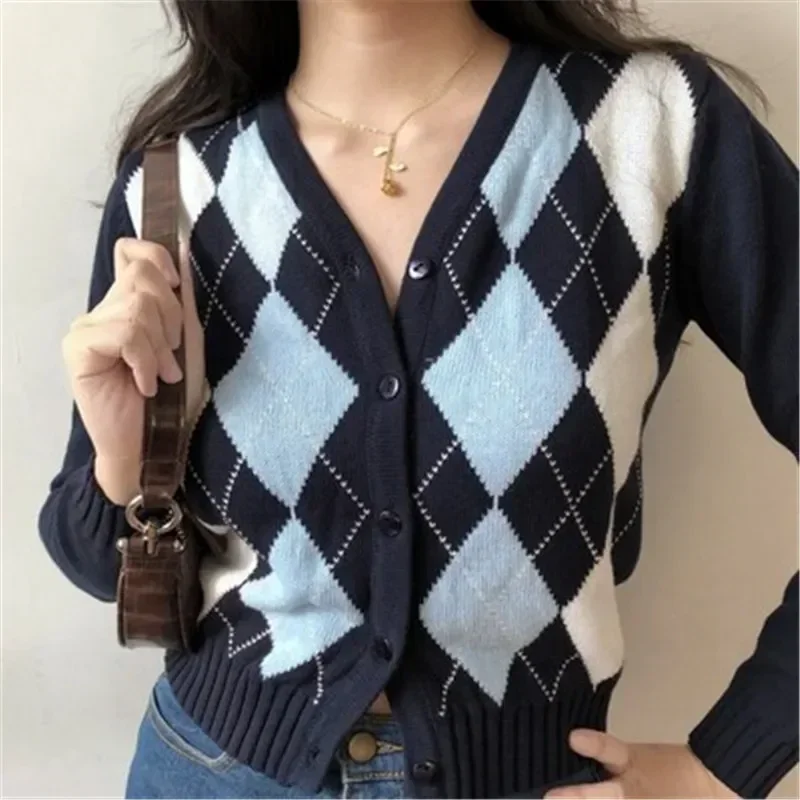 

Women Vintage Geometric Rhombic Cardigan Sweater Autumn Winter Warm Long Sleeve Knitted Outerwear 2024 Elegant V-Neck Knit Tops