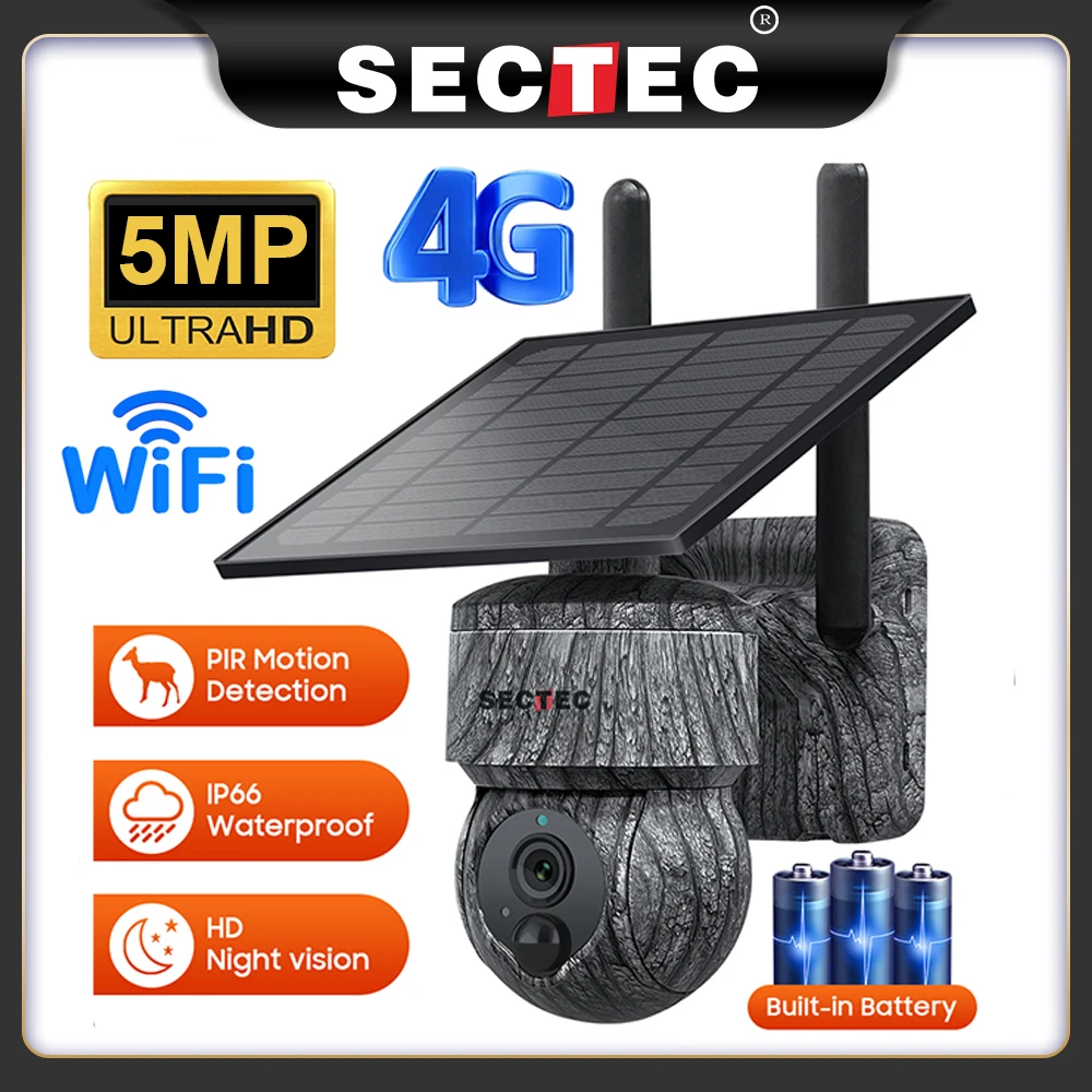 

Sectec 5MP WIFI Беспроводная PTZ Солнечная камера 4G SIM с PIR Motion Солнечная панель Двусторонняя аудиозащита Камера видеонаблюдения Ubox