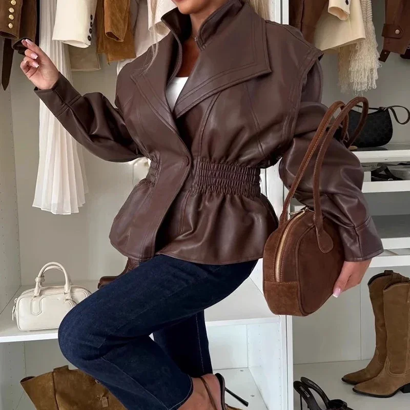 Cardigan con lacci con risvolto alla moda High Street Cappotto casual solido Capispalla Autunno Inverno PU Giacche in similpelle per le donne