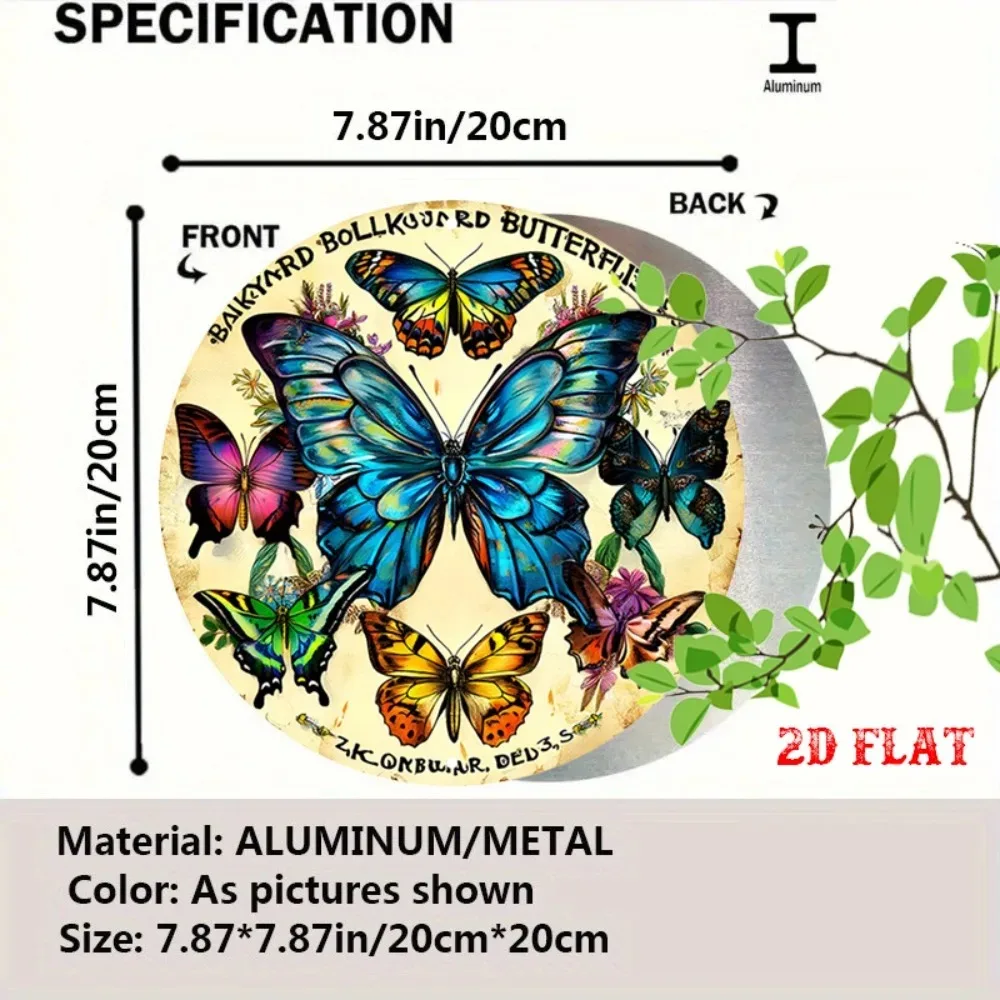 Butterfly Metal Wall Art 7.87in Round Aluminum Sign Vintage Home Cafe Garage Decor