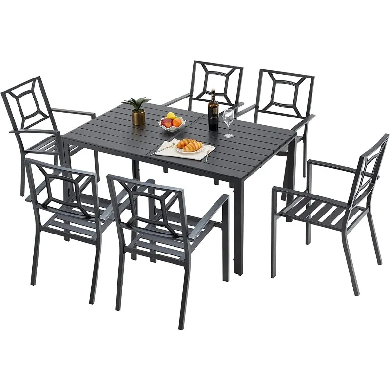7 Piece Outdoor Dining Set, Patio Table and Chairs Set with Rectangular Aluminum Table and 6 Metal Stackable Chairs for