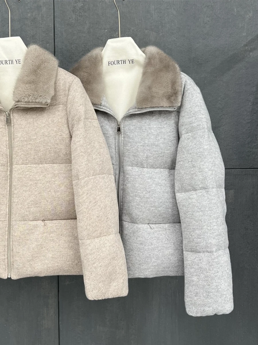 Alta qualidade 2025 inverno nova lã cashmere gola de pele de vison feminino curto engrossado branco ganso para baixo casaco de pele