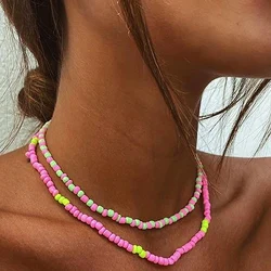 2pcs/set New Bohemian Vintage Pink Green Beads Chain Fashion Necklaces Jewelry For Women Elegant Accessories X0150