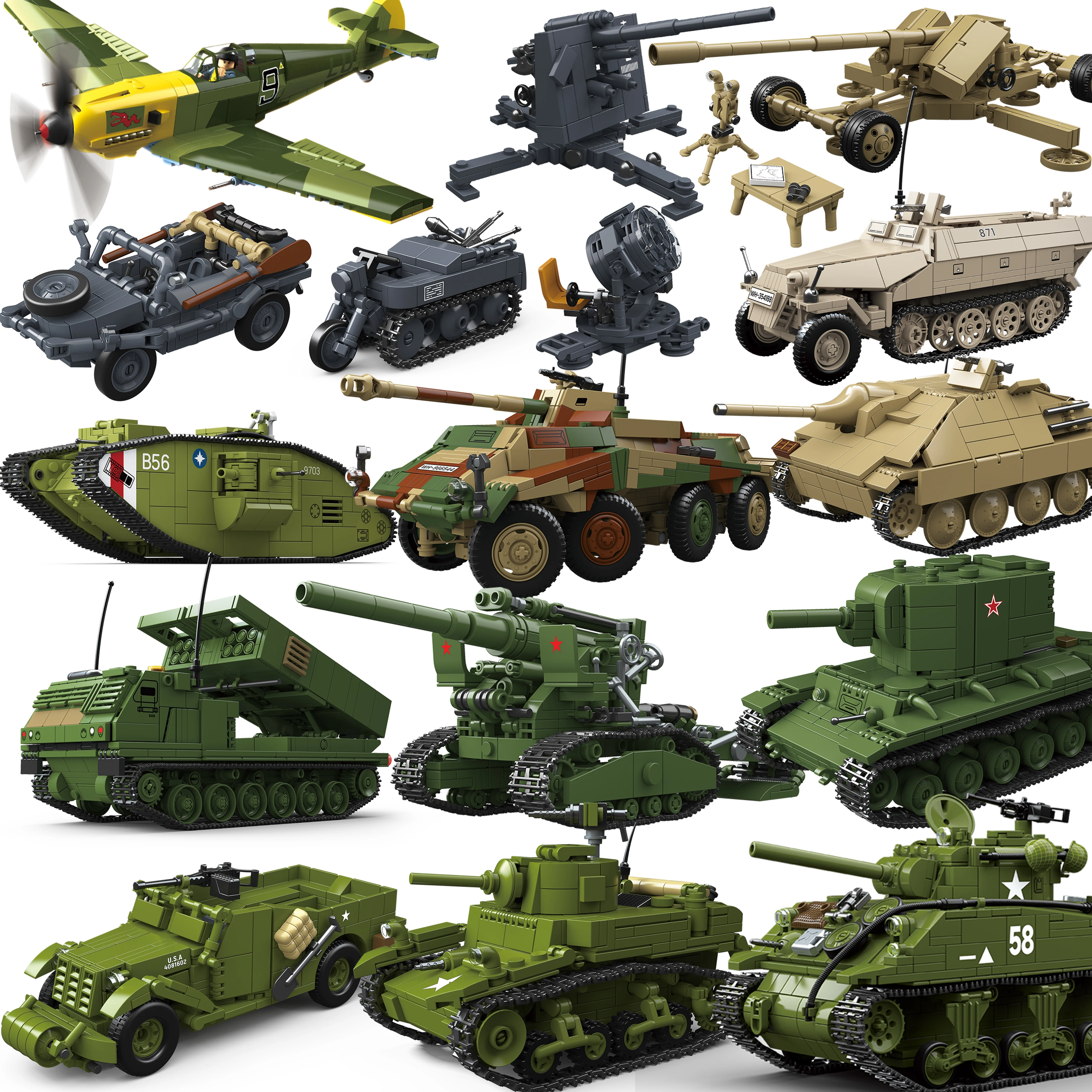 Military Tanks Stuart SdKfz251 PanzerVI Sherman US Army Quan Guan WW2 Soldier Figure Model Building Block Brick kid Children Toy