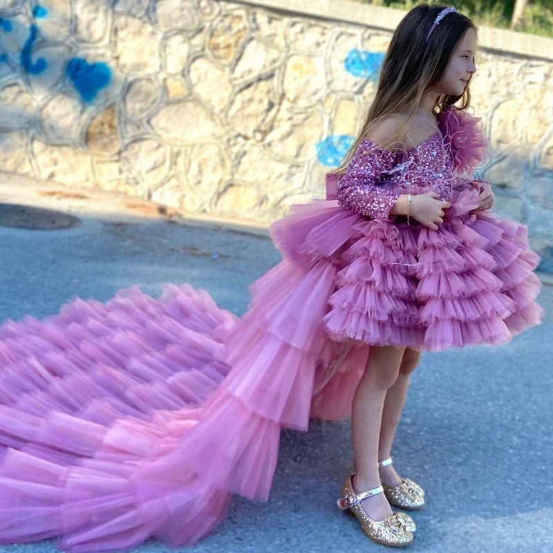 Tulle Sequined Wedding Flower Girl Dresses One Shoulder Full Sleeves Pageant Dress With Detachable Train Long Birthday Gowns