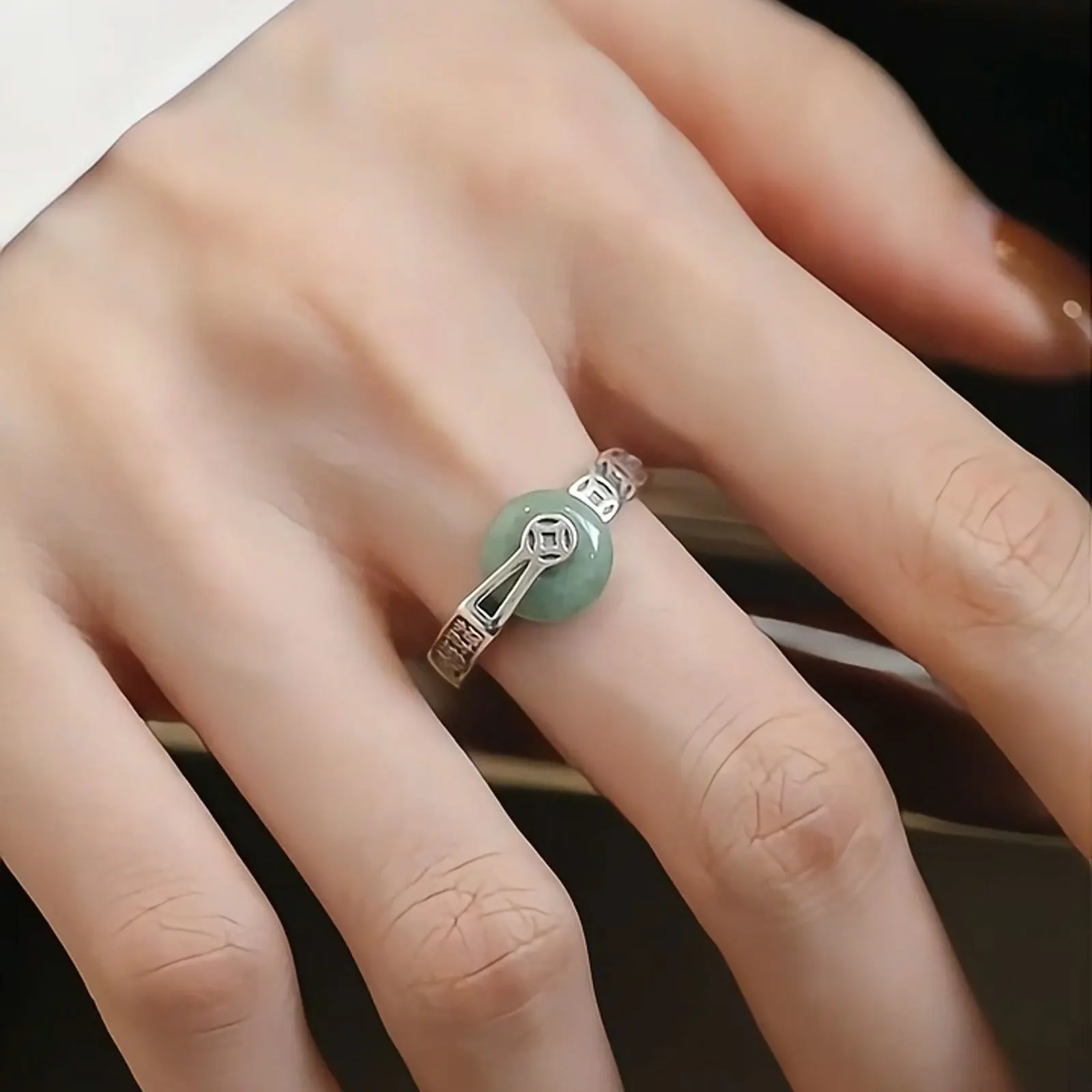 Retro silver 925 copper coin rings for women fresh natural jade round buckle rotatable ring ethnic style fine jewelry gifts - view 3