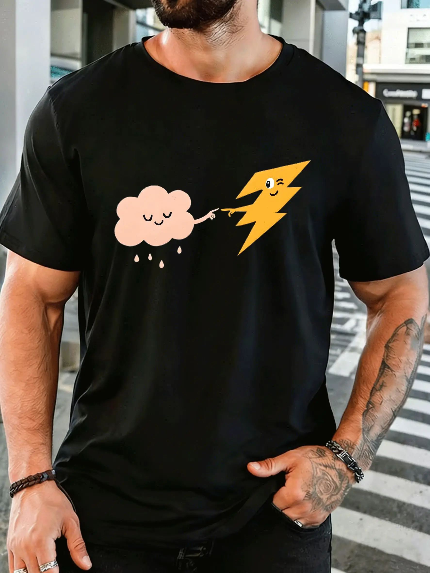 Cute Cloud Lightning Touch Fingers Mens Front Print T Shirt Cartoon Weather Graphic Tee Casual Short Sleeve Top Funny Mens Gift