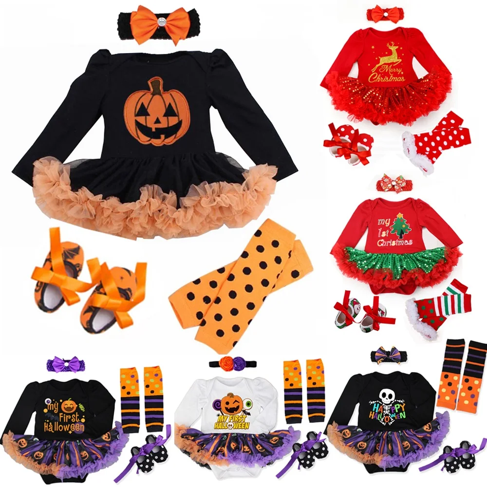 Fashion My First Christmas Baby Girl Clothes Ruffle Romper + Red Bling-Bling Dress 2023 New Year Costume Baby Halloween Outfit