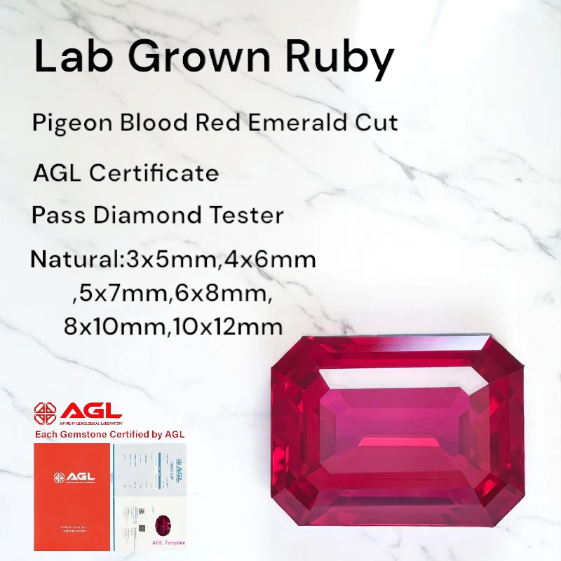 

Lab Grown Sapphire/Ruby Emerald Cut Various Sizes Pigeon Blood Red Loose Gemstone For Jewelry Making With AGL Certificate