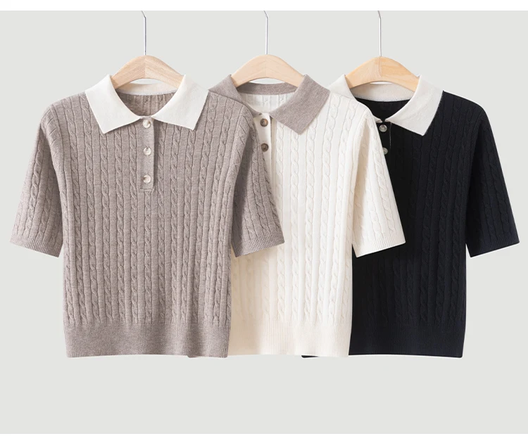 MZ62085 Damen-Pullover im Preppy-Stil mit Polokragen, Zopfmuster, kurzen Ärmeln, Kontrastkragen, Knopfdetails, Modal-Mischung, Oberteil für den frühen Herbst – Detail 12