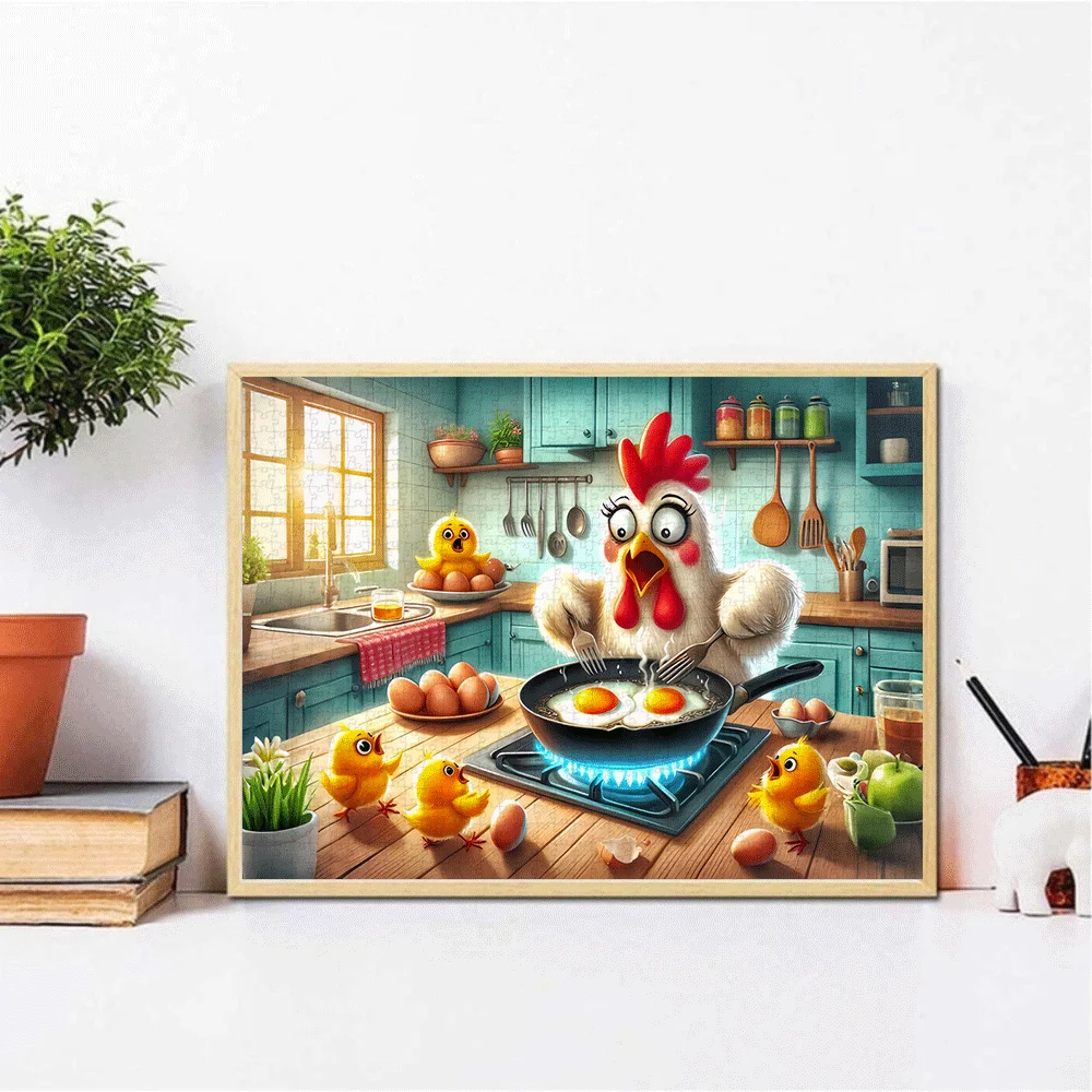 Puzzle 1000 elementów - Scena z farmy kurczaków i kury - Żywa sztuka kuchenna z kurczakami i jajami, gra rodzinna dla dorosłych, DIY