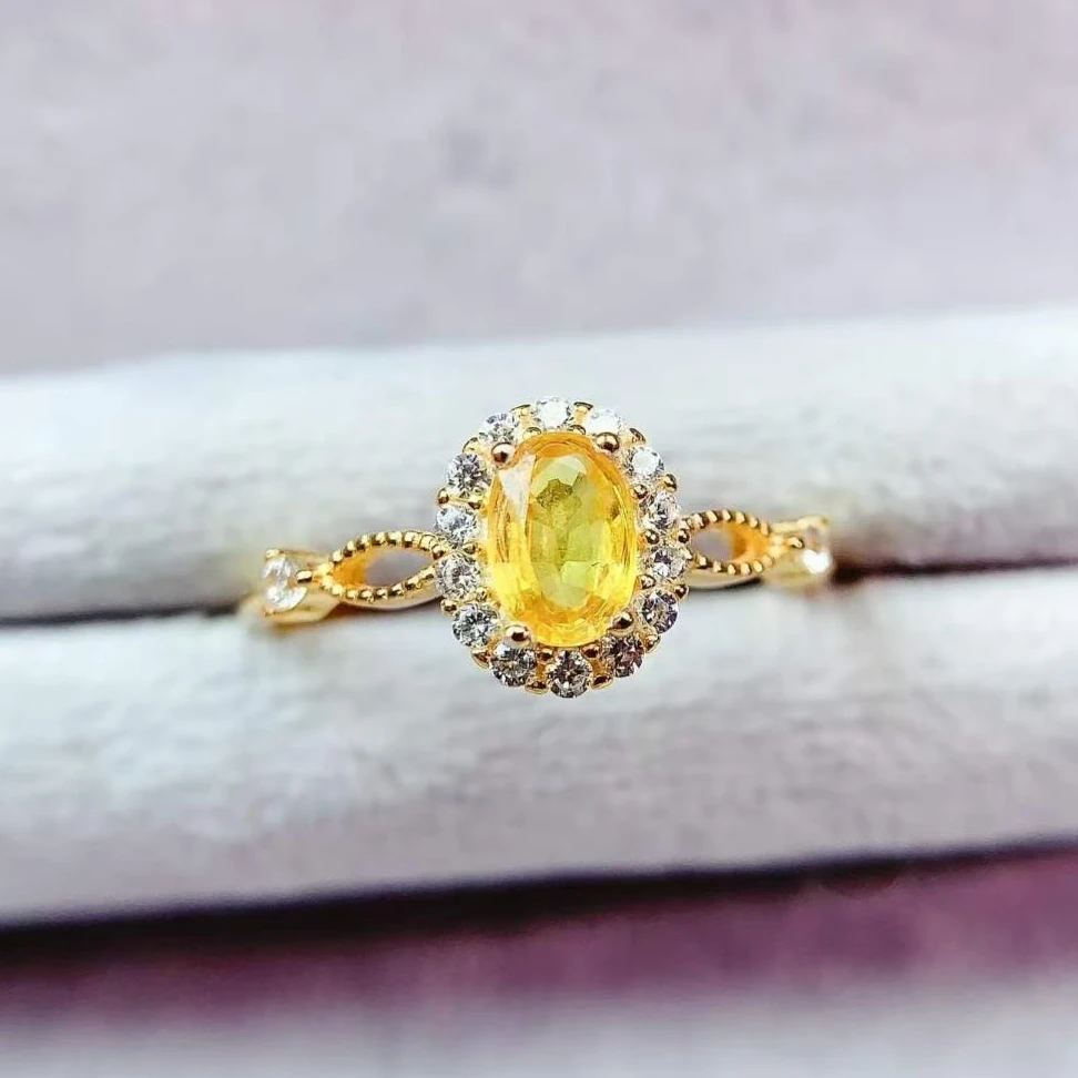 Elegant 4x6mm Natural Yellow Sapphire Statement Ring 925 Sterling Silver Fine Crafted Gold Vermeil Halo Gemstone Ring for Women