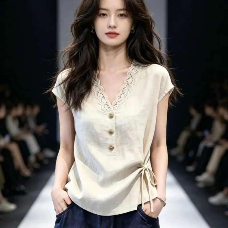 New 2026 Summer Short-sleeved High-grade Women's Casual T-shirt Version Be All-match V-neck Lace Ladies Elegant Shirt