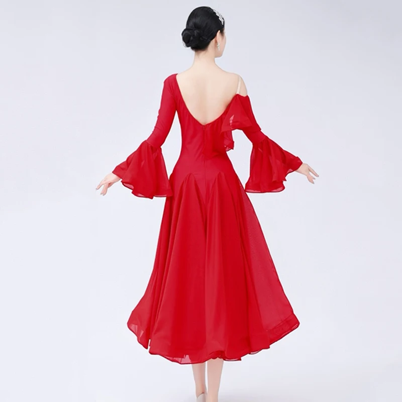 Vestido de baile estándar de salón, vestidos de baile rojos sin espalda para mujer, traje de competición de danza moderna Social, vestidos de vals para mujer 1415