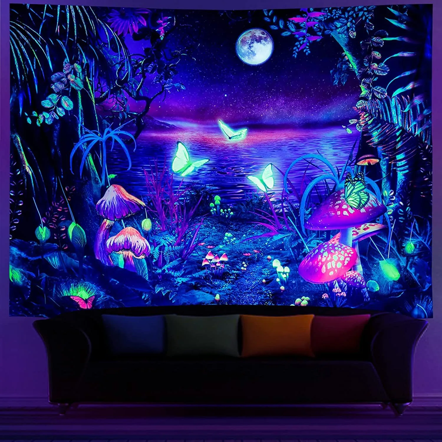 

Blacklight Trippy Mushroom Forest Tapestry 2D Flat Printed UV Reactive Peach Skin Fluorescent Wall Hanging Bedroom Room Decor