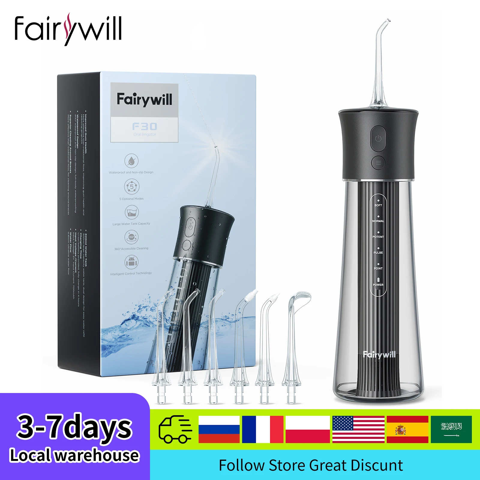 Fairywill Water Flosser 5 Mode Oral Portable Irrigators USB Type-C 300ML Water Tank 6 Replacement Jet Tips F30