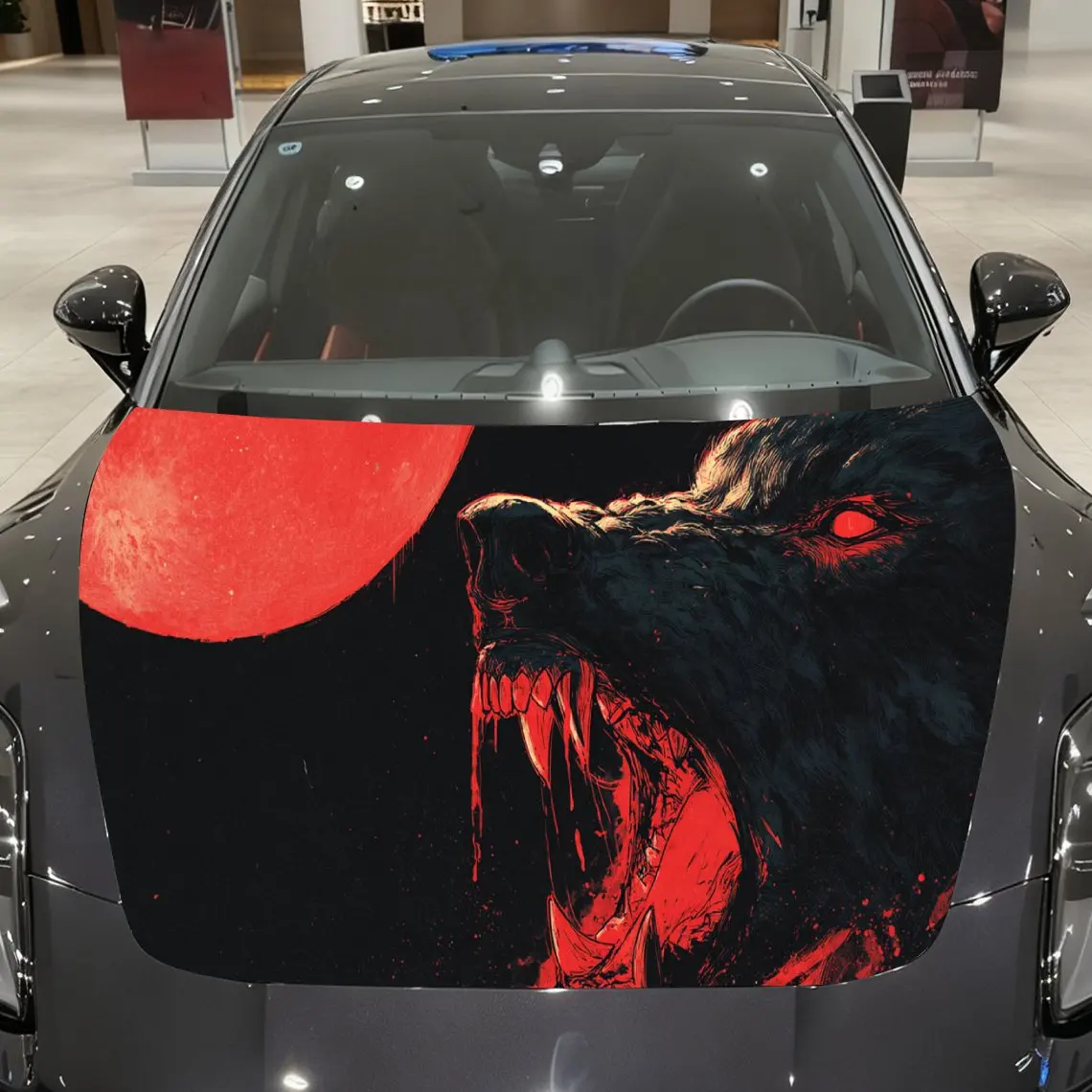

Bloody Moon Roaring Wolf Car Hood Wrap, Car Hood Decal, Car Exterior Accessory, Waterproof and Self-adhesive Auto Cover Sticker,
