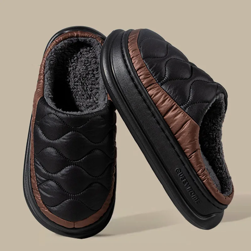

2025 Autumn Winter Down Cloth Slippers for Men and Women Waterproof Outdoor Indoor House Shoes Non-Slip Chunky Sole Mules