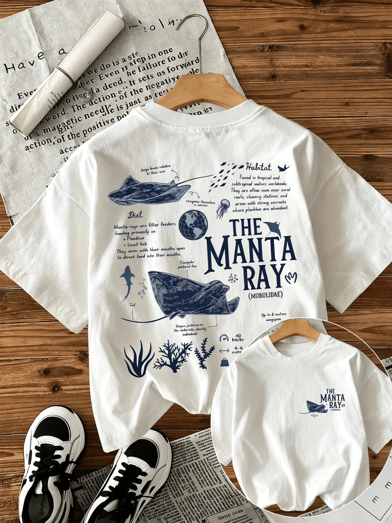 Manta-Rochen-Meerbiologie-Wissenschaftsbildungs-Print Damen Kurzarm-T-Shirt Sommer Neu Rundhals Locker Lässiges Oberteil – Detail 5