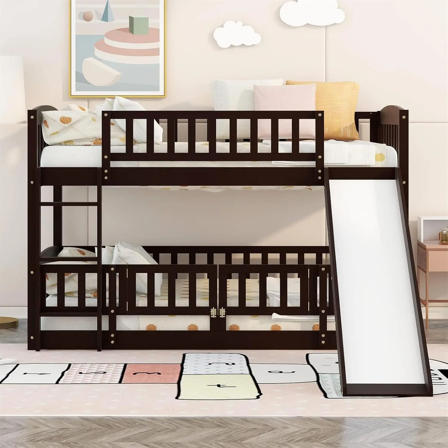 Low Bunk Bed with Slide, Twin Over Twin, Wood Frame, Espresso