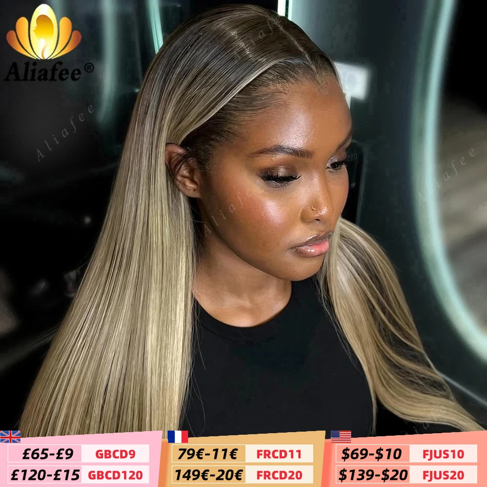 Ombre Dirty Blonde Straight Lace Frontal Wig 13x6 Human Hair Wigs Ash Blonde with Dark Roots 13x4 Lace Front Wigs for Women