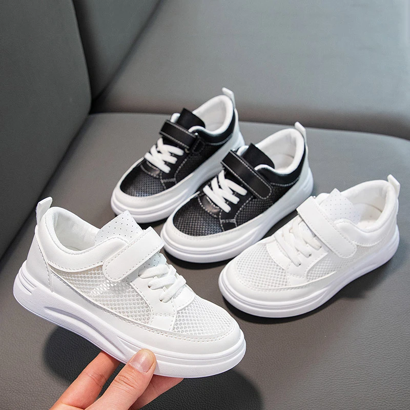 Girls Children Mesh Sneakers 2023 Summer New Hook & Loop White Versatile Casual Kids School Shoes for Boys Korean Thick Bottom