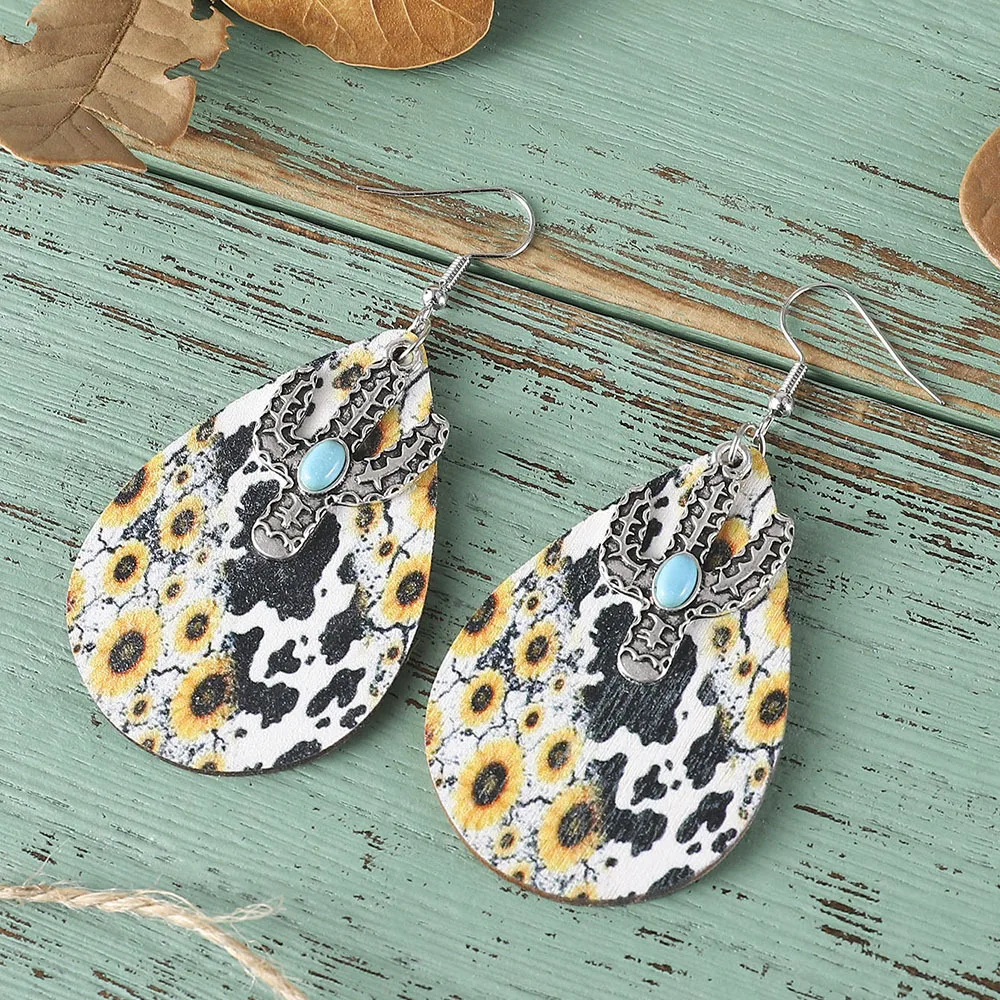 

A Pair of Retro Fashion Western Cactus Sunflower Ethnic Style Double-sided Fungus Ring Jewelry Accessories Dangle Earrings