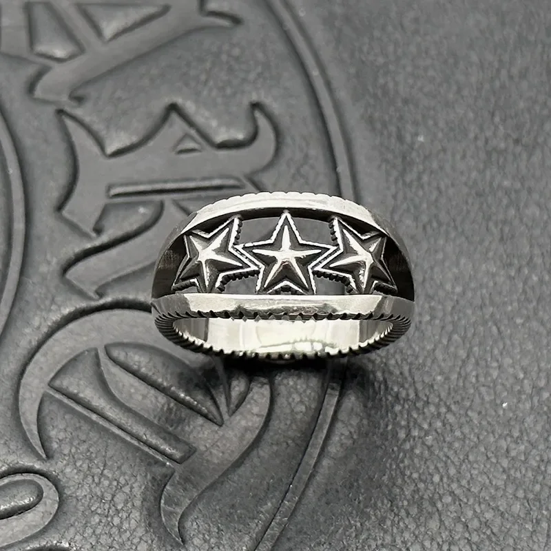 S925 sterling silver retro square serrated three-star ring medieval men's niche high-end sense