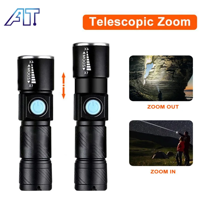 Led Mini Flashlight Telescopic Zoom Tactical Torch USB Rechargeable Waterproof Outdoor Camping Bike Lights with Bottom Magnet