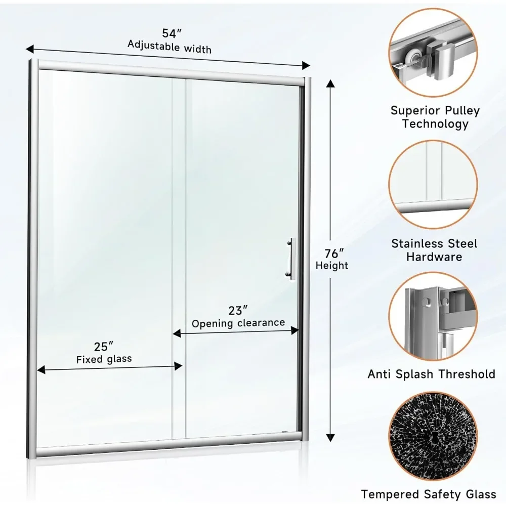 54 in.W X 76 in.H Shower Door, Bathroom Sliding Door with 1/4(6mm) in Clear Tempered Glass, Reversible Installation