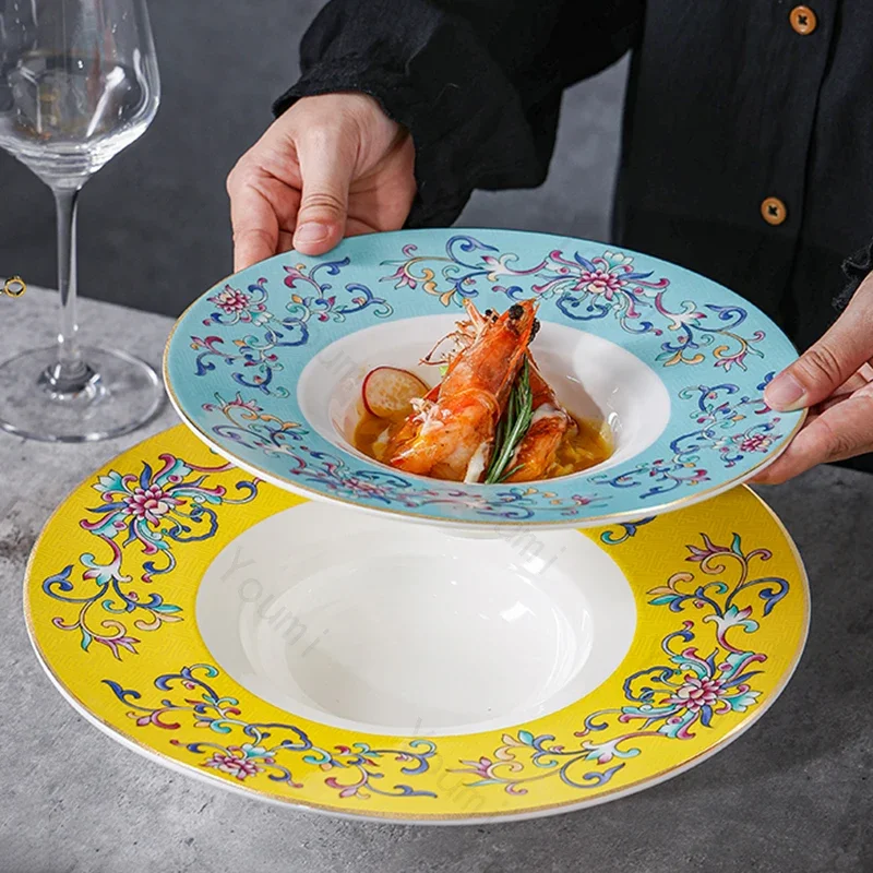 Retro Chinese Style Enamel Color Dining Plate Creative Restaurant Pasta Plate Delicious Dishes Ceramic Bowl Household Tableware