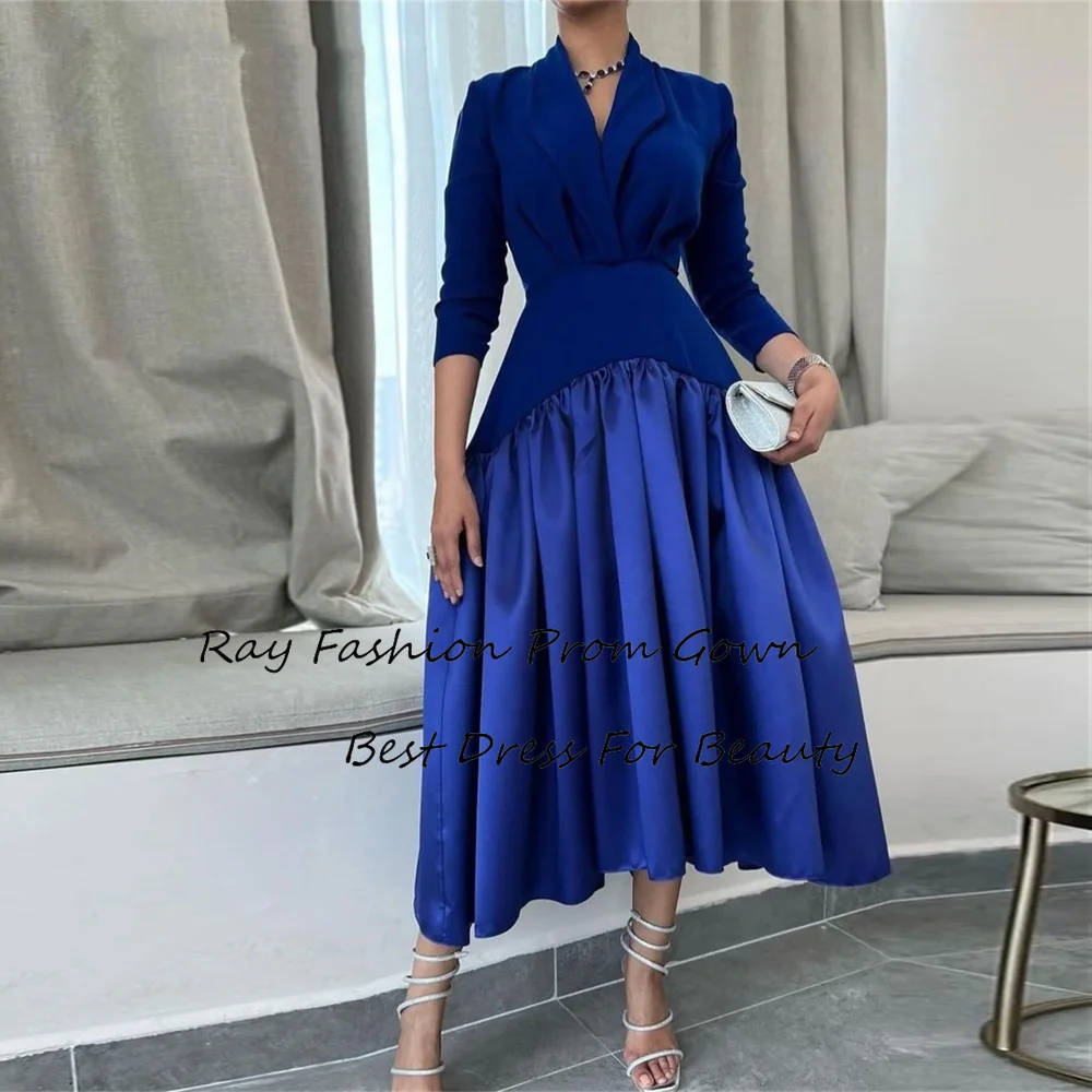 

Ray Fashion A Line Evening Dress V Neck With Sleeves Tiered Ruffle Tea Length For Women Formal Occasion Saudi Arabia فساتين سهرة