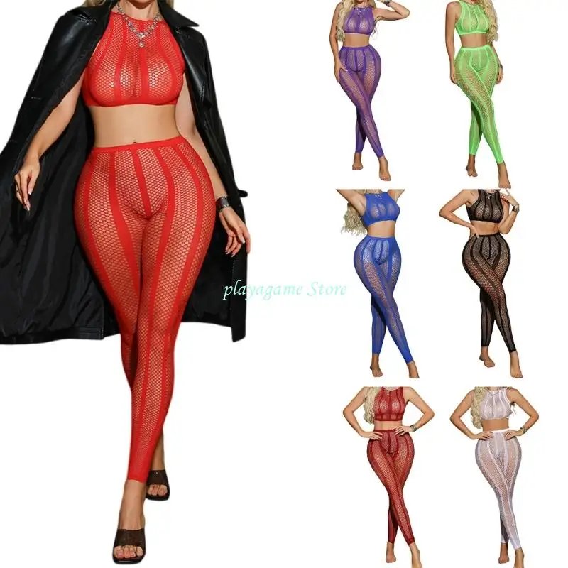 

Y88A Sensual Mesh Lingerie Two Piece Set Lightweight Nylon Underwear Stretch Crop Top and Leggings For Private Event