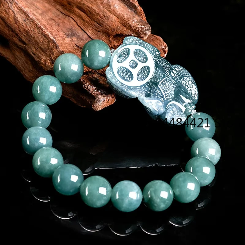 Natural Jadeite Blue Water Bully King Pixiu String Hand-carved Luxury Charm Ice Jade Bracelet Men and Women Mascots Holiday Gift