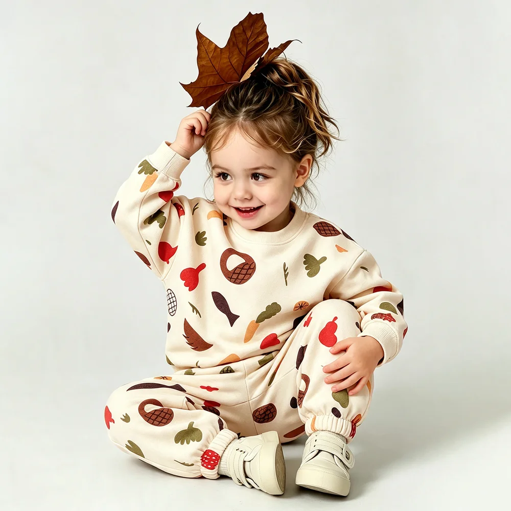 Baby Toddler Fall Outfit 2 Piece Set Acorn Leaves Mushroom Print Fleece Sweatshirt Pants Infant Thanksgiving Winter Warm