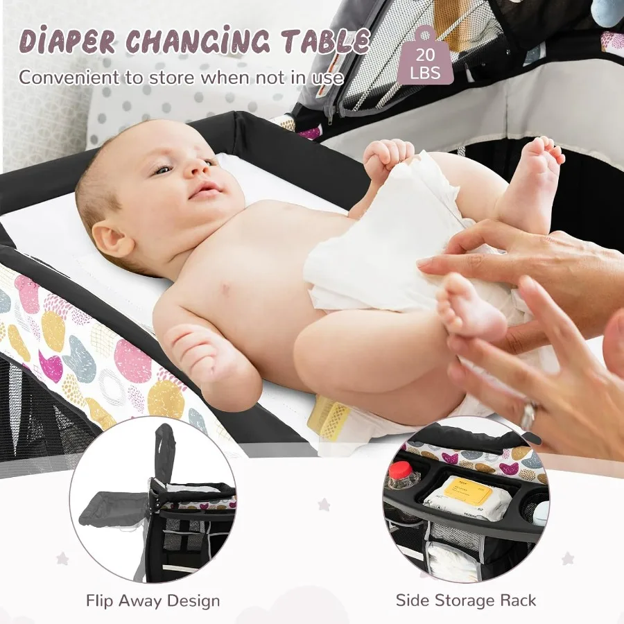 Pack and Play 4 in 1 Portable Baby Crib Playpen w Bassinet Changing Table Canopy Mattress Music Box Storage Bag Foldable Pack n