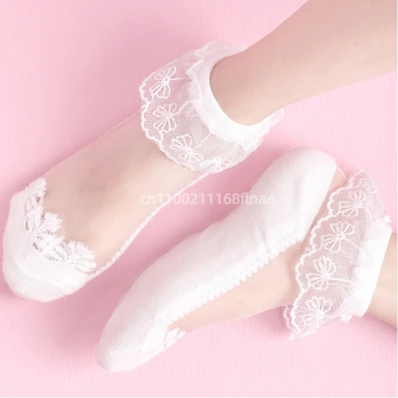 Calzini da ballo per ragazze Calzini corti estivi traspiranti in pizzo a rete sottile Calzini tubolari per performance di danza in pizzo principessa con fiocco disossato