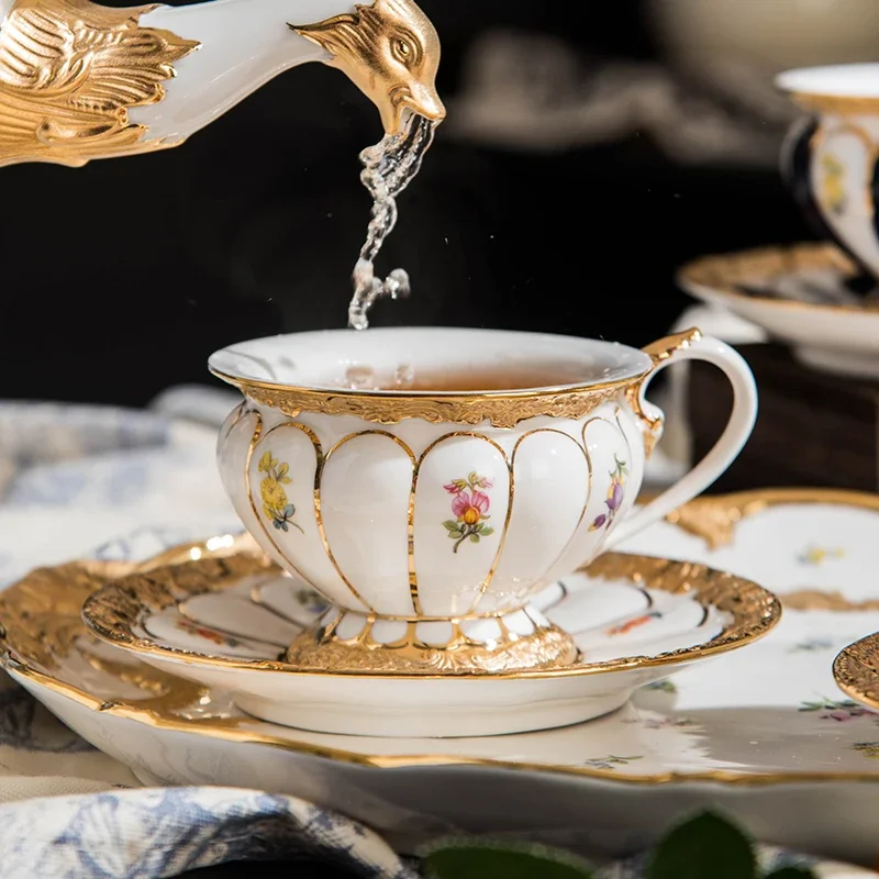 Luxury European Tea Set High-End Coffee Cups and Plates Style Reliefs with Gold Painting Techniques Fine Porcelain