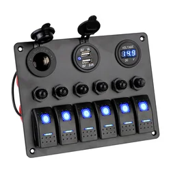 DC 12V/24V Dual USB Ports Digital Voltmeter Aluminum Panel Car Marine Boat Circuit LED Breaker 6 Gang Rocker Switch Panel