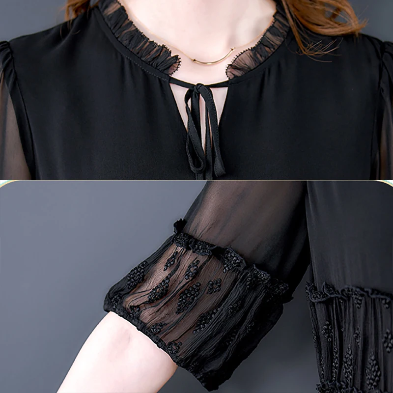 Summer Black Natural Silk Ruffled Collar Midi Dress Women Embroidery Hollow Out Sexy Dress 2024 Korean Vintage Hepburn Vestidos