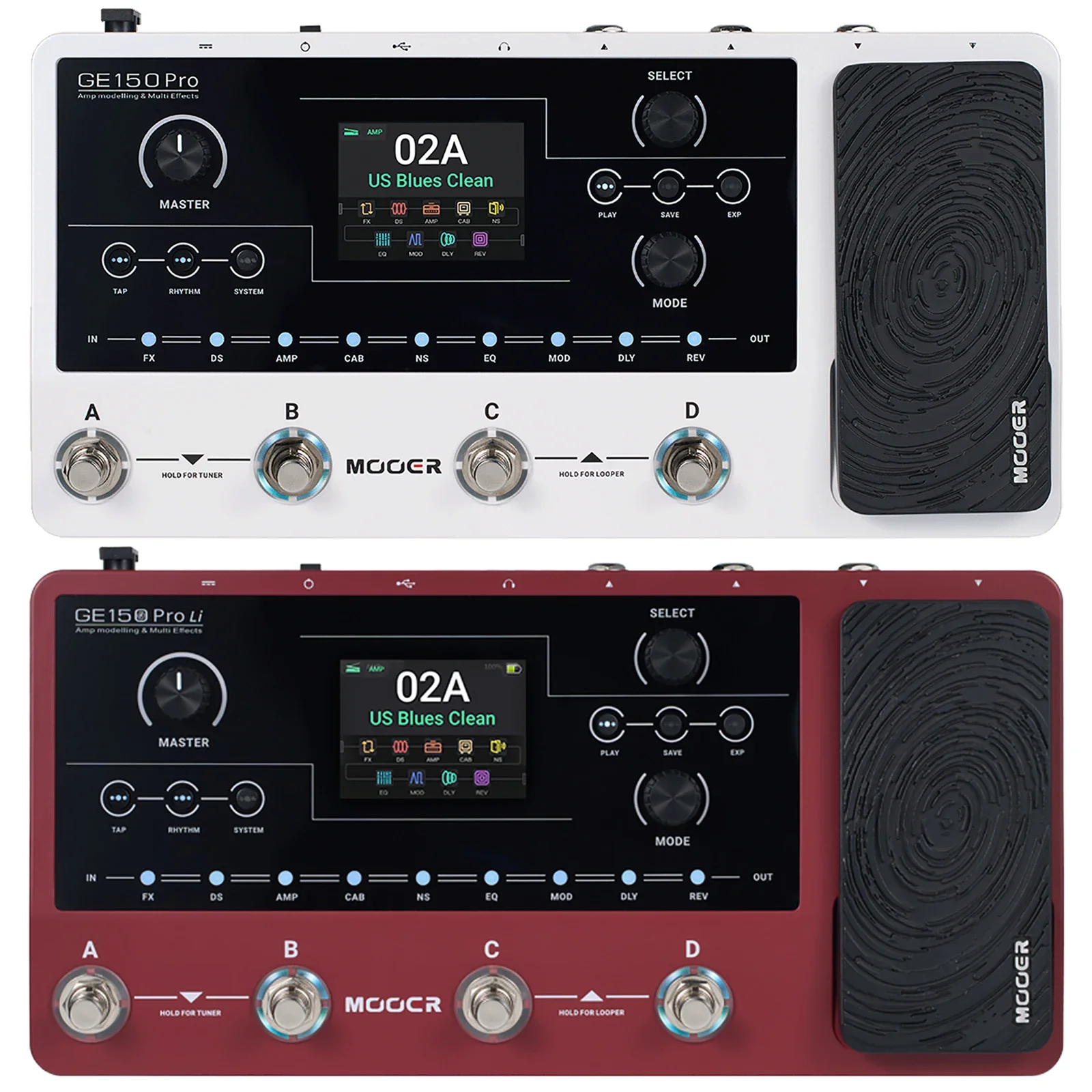MOOER-Pedal de guitarra multiefectos GE150 Pro/Pro Li, modelado de amplificador de guitarra, batería integrada de 9 horas, 4 interruptores de pie, piezas de cargador IR