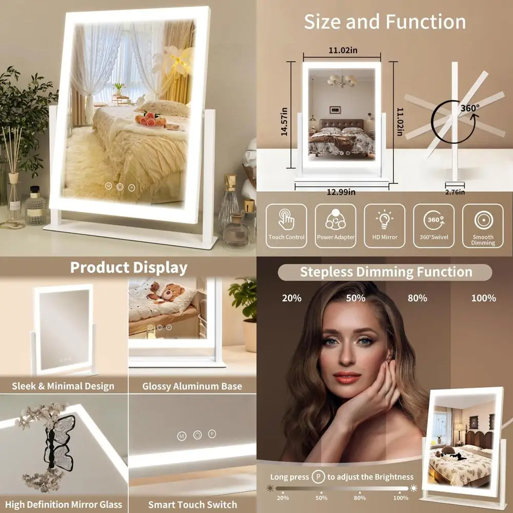 

LED Lighted Makeup Mirror with 360° Rotation, 3 Color Modes, Desk or Bedroom Vanity Mirror Stand for Makeup Application
